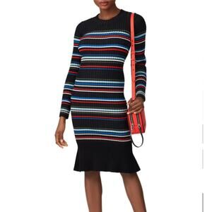 Parker New York Bruna Knit Dress Black Stripe Bodycon Crewneck Flare Hem XS